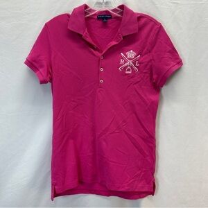 Ralph Lauren Womens Big Monogram Logo Equestrian Pink Polo Shirt Slim Fit Size L